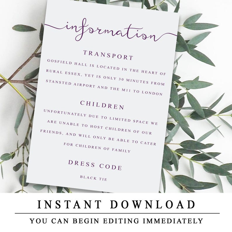 Wedding Details Card PLUM Wedding Insert Cards Elegant Etsy