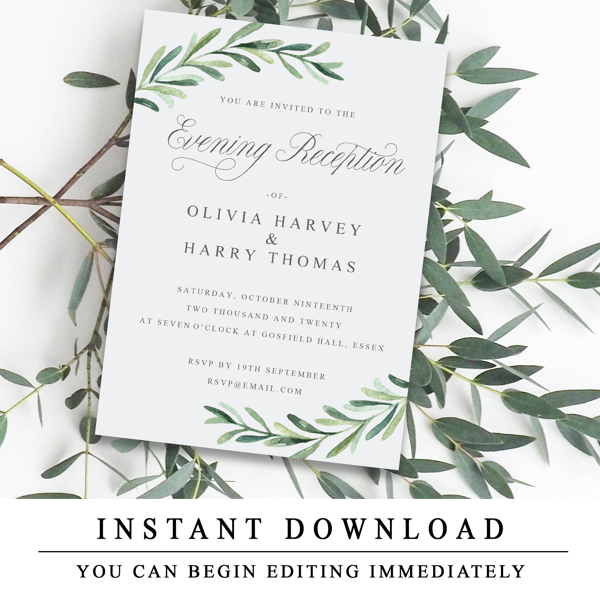 Printable Wedding Reception Invitation Template Greenery | Etsy UK