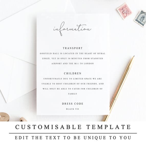 Printable Wedding Details Template Wedding Insert Elegantly Handwritten Card Diy Wedding Detail Card Template Wedding Information Card