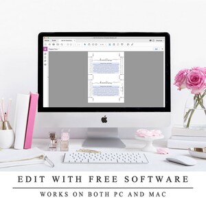 Puede incluir: Una pantalla de ordenador que muestra un documento con la palabra "Directions" escrita a mano. El documento es una plantilla imprimible para las direcciones de una boda u otro evento. El texto en la pantalla dice "Editar con software gratuito. Funciona tanto en PC como en Mac."