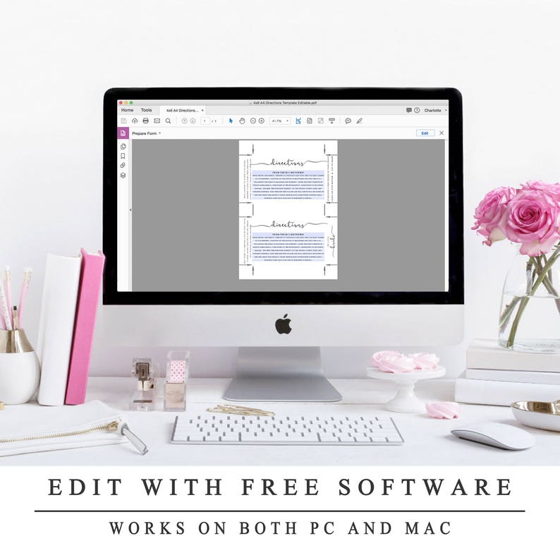 Puede incluir: Una pantalla de ordenador que muestra un documento con la palabra "Directions" escrita a mano. El documento es una plantilla imprimible para las direcciones de una boda u otro evento. El texto en la pantalla dice "Editar con software gratuito. Funciona tanto en PC como en Mac."