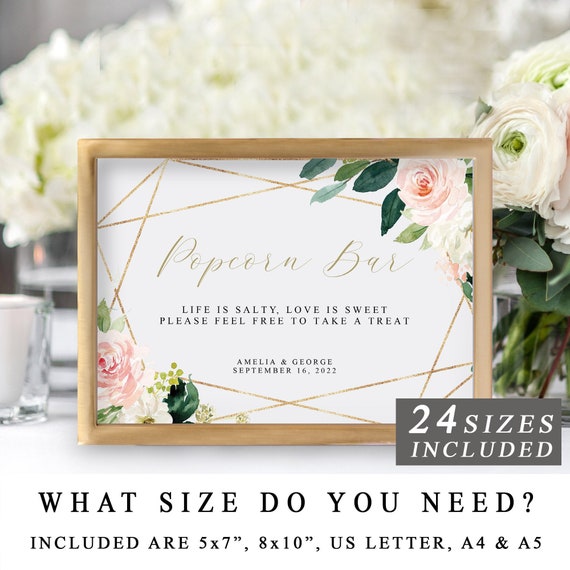 Pink Rose Chalkboard Style Popcorn Bar Wedding Sign Print