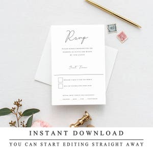 May include: A white RSVP card with black text. The text reads "RSVP", "Please kindly respond for the wedding of Olivia and Mason by 14th August", "Guest Name", "Wouldn't miss it for the world", "Will be celebrating from afar", "Initial menu choice for each guest", "Chicken", "Beef", "Fish", "Vegetarian".