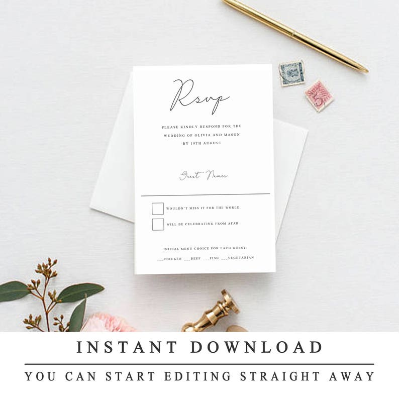 May include: A white RSVP card with black text. The text reads "RSVP", "Please kindly respond for the wedding of Olivia and Mason by 14th August", "Guest Name", "Wouldn't miss it for the world", "Will be celebrating from afar", "Initial menu choice for each guest", "Chicken", "Beef", "Fish", "Vegetarian".