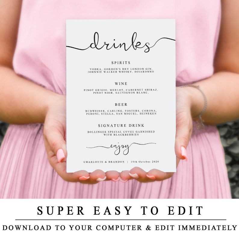 Drinks Menu, Bar Menu Sign, Customizable Bar Menu, Reception Drinks Menu, Wedding Bar Sign, Bar Sign, Printable Wedding Sign, The One image 8