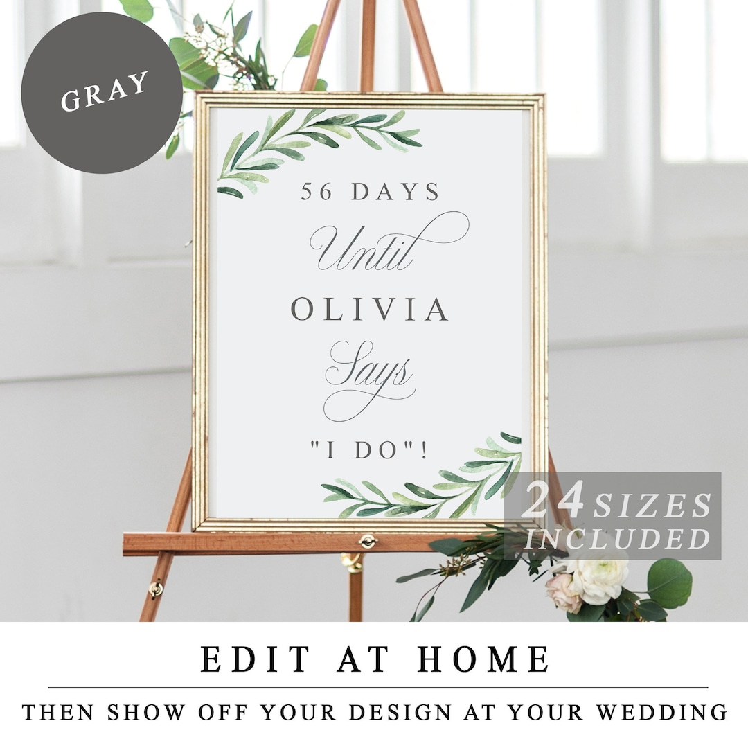 Greenery Days Until I Do Sign Template, Portrait Personalised Bridal ...