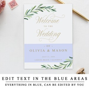 Greenery Welcome To The Wedding Sign, Editable Welcome To The Wedding Template With Gold Calligraphy, Wedding Ceremony Sign INSTANT DOWNLOAD image 3