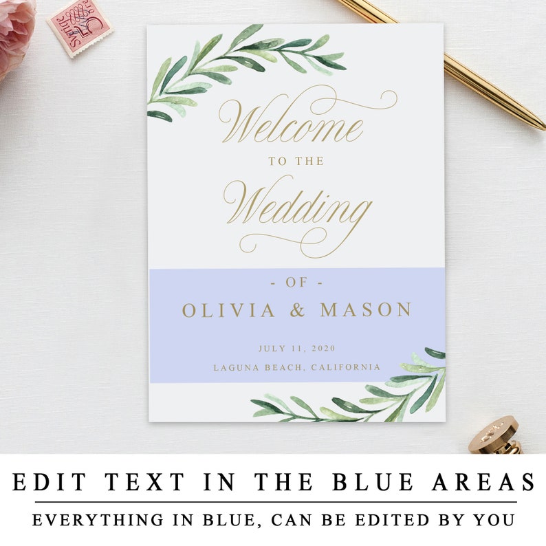 Greenery Welcome To The Wedding Sign, Editable Welcome To The Wedding Template With Gold Calligraphy, Wedding Ceremony Sign INSTANT DOWNLOAD image 3