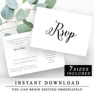 Plantillas con estilo de retrato y postal de RSVP de caligrafía moderna, dos diseños de RSVP de boda imprimibles al instante, asistencia en PDF editable, 7 tamaños