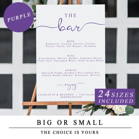 Purple Wedding Bar Menu Sign Diy Editable Bar Menu Sign Etsy