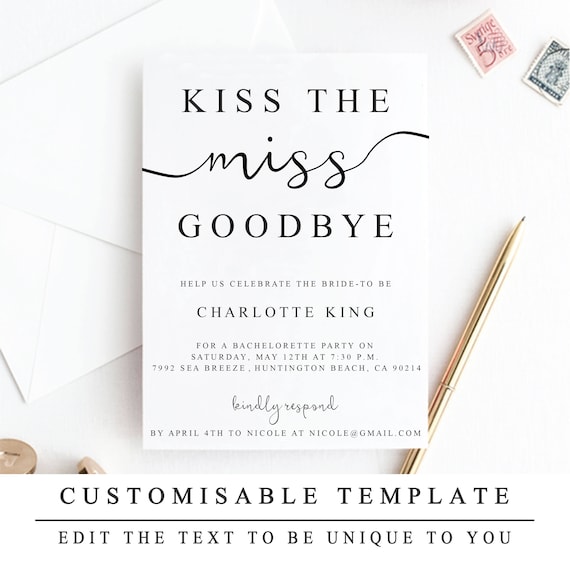diy kiss the miss goodbye bachelorette party invitation print at home hen party invite customizable bridal shower invitation template 5x7 send off party invitation letter