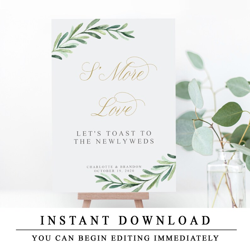 Printable Marshmallow Smore Bar Station Sign INSTANT DOWNLOAD Editable Wedding S/'mores Template Greenery Smore Love Sign Gold Calligraphy