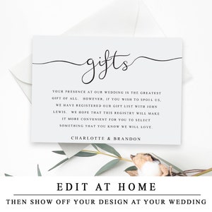 Printable Wedding Gift Registry Template, Wedding Insert Cards, Elegant ...