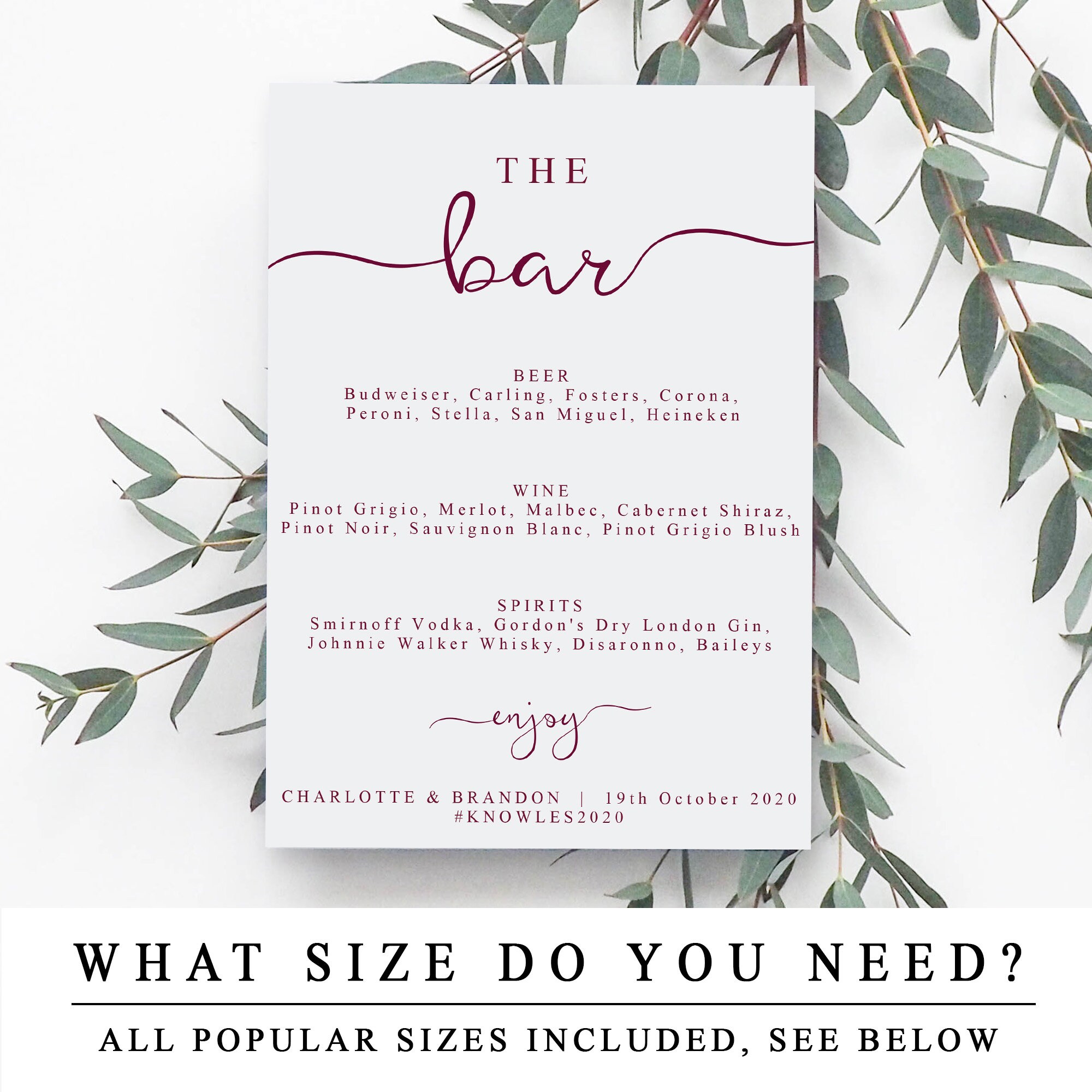 Custom Bar Menu Sign, Printable Bar Menu Sign Template, Winter Wedding ...