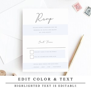 May include: A white RSVP card with a black handwritten RSVP, a light blue bar with the text "PLEASE KINDLY RESPOND FOR THE WEDDING OF OLIVIA AND MASON BY 19TH AUGUST", a black line, the text "Guest Names", two checkboxes with the text "WOULDN'T MISS IT FOR THE WORLD" and "WILL BE CELEBRATING FROM AFAR", a black line, the text "INITIAL MENU CHOICE FOR EACH GUEST", and the text "CHICKEN____BEEF____FISH____VEGETARIAN".