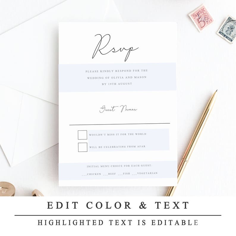 May include: A white RSVP card with a black handwritten RSVP, a light blue bar with the text "PLEASE KINDLY RESPOND FOR THE WEDDING OF OLIVIA AND MASON BY 19TH AUGUST", a black line, the text "Guest Names", two checkboxes with the text "WOULDN'T MISS IT FOR THE WORLD" and "WILL BE CELEBRATING FROM AFAR", a black line, the text "INITIAL MENU CHOICE FOR EACH GUEST", and the text "CHICKEN____BEEF____FISH____VEGETARIAN".