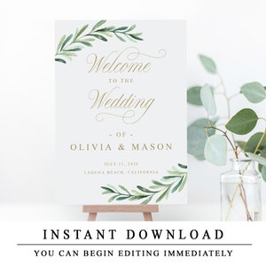 Greenery Welcome To The Wedding Sign, Editable Welcome To The Wedding Template With Gold Calligraphy, Wedding Ceremony Sign INSTANT DOWNLOAD image 8