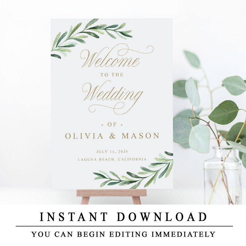 Greenery Welcome To The Wedding Sign, Editable Welcome To The Wedding Template With Gold Calligraphy, Wedding Ceremony Sign INSTANT DOWNLOAD image 8