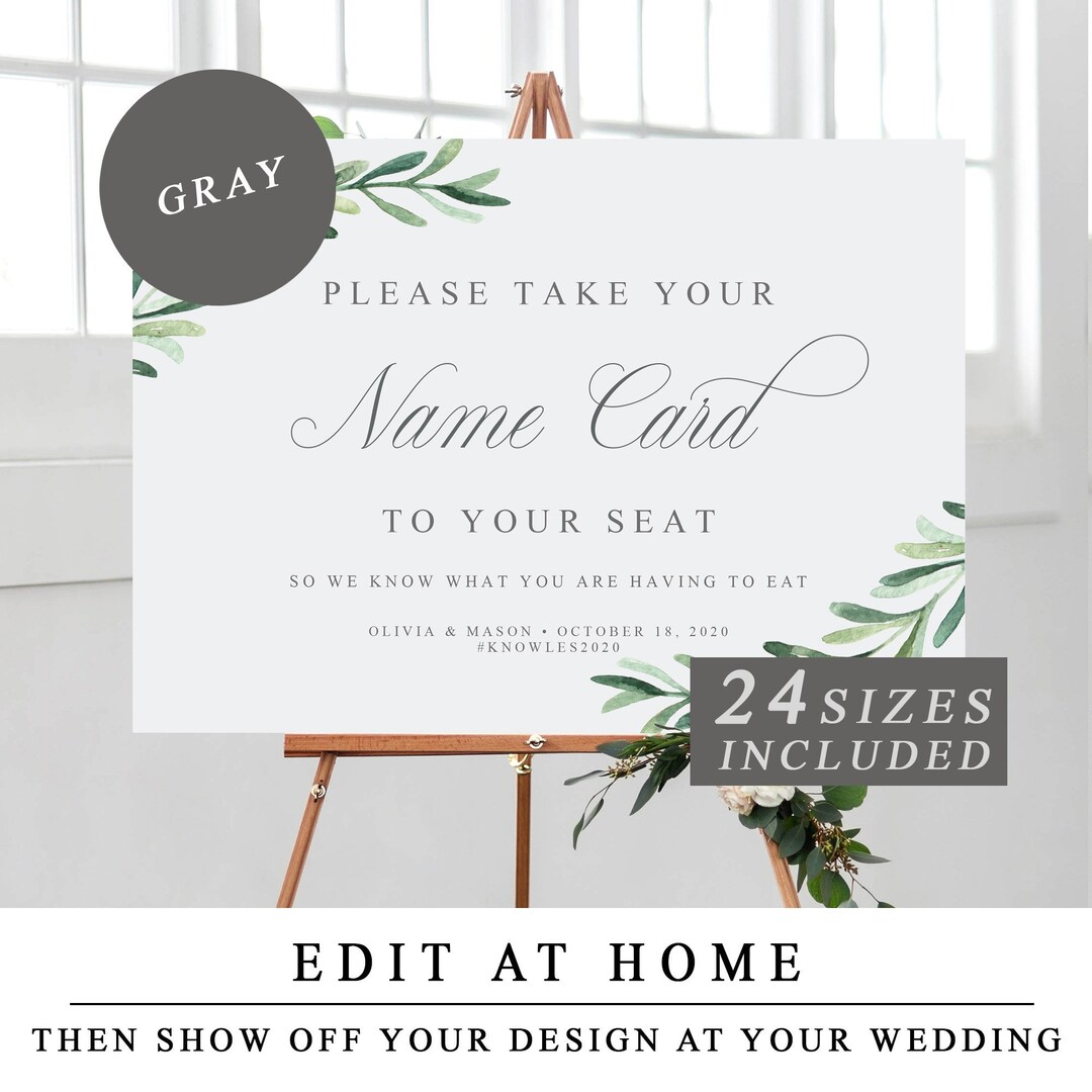 Greenery Wedding Name Card Sign Template, Printable Wedding Find Your