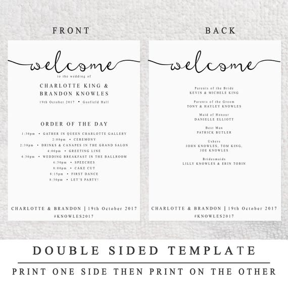 2 sided wedding program template printable editable wedding etsy