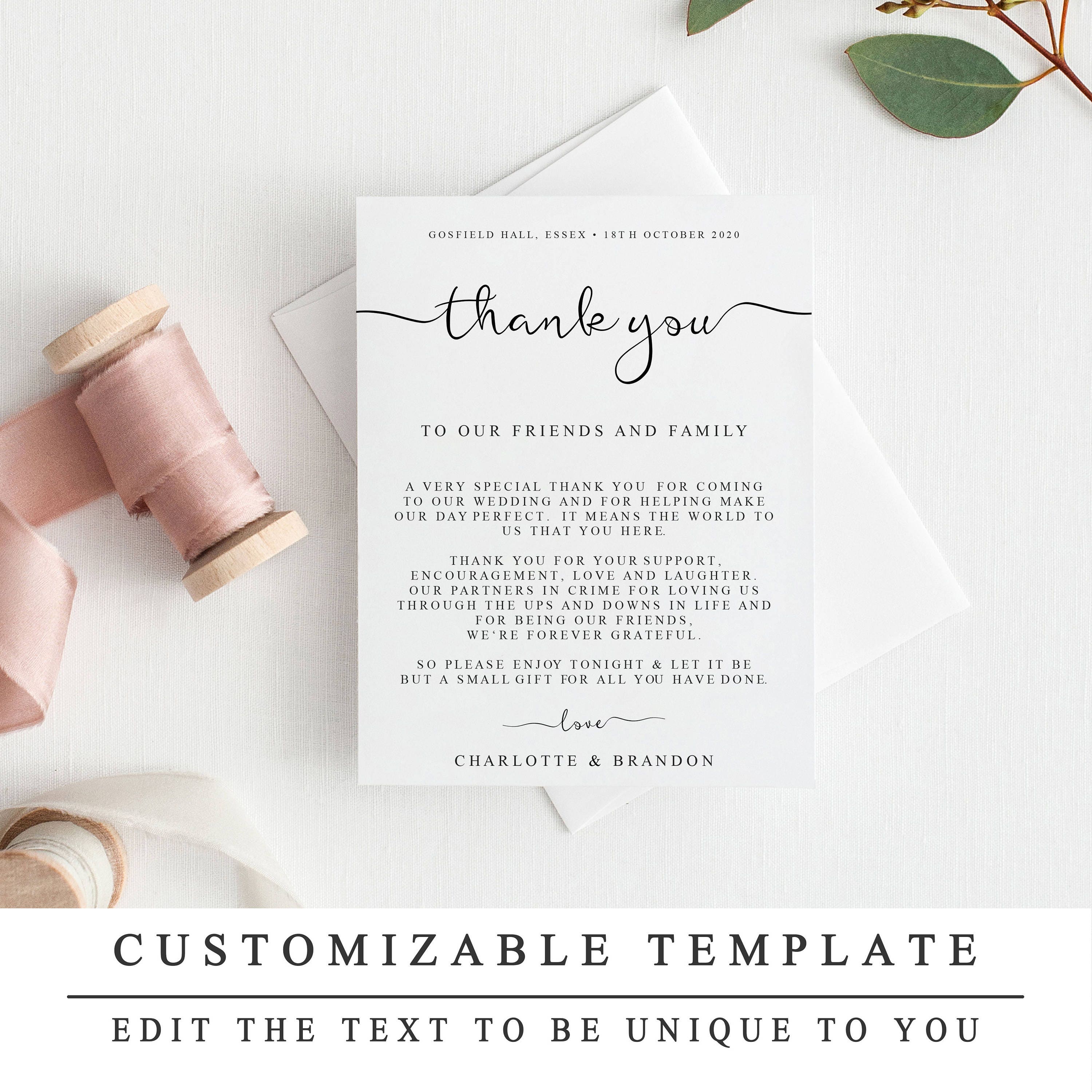 DIY Thank You Card Template, Wedding Thank You Cards, Printable Thank You  Cards, Wedding Reception Editable Thank You Note, 21x21 In Template For Wedding Thank You Cards