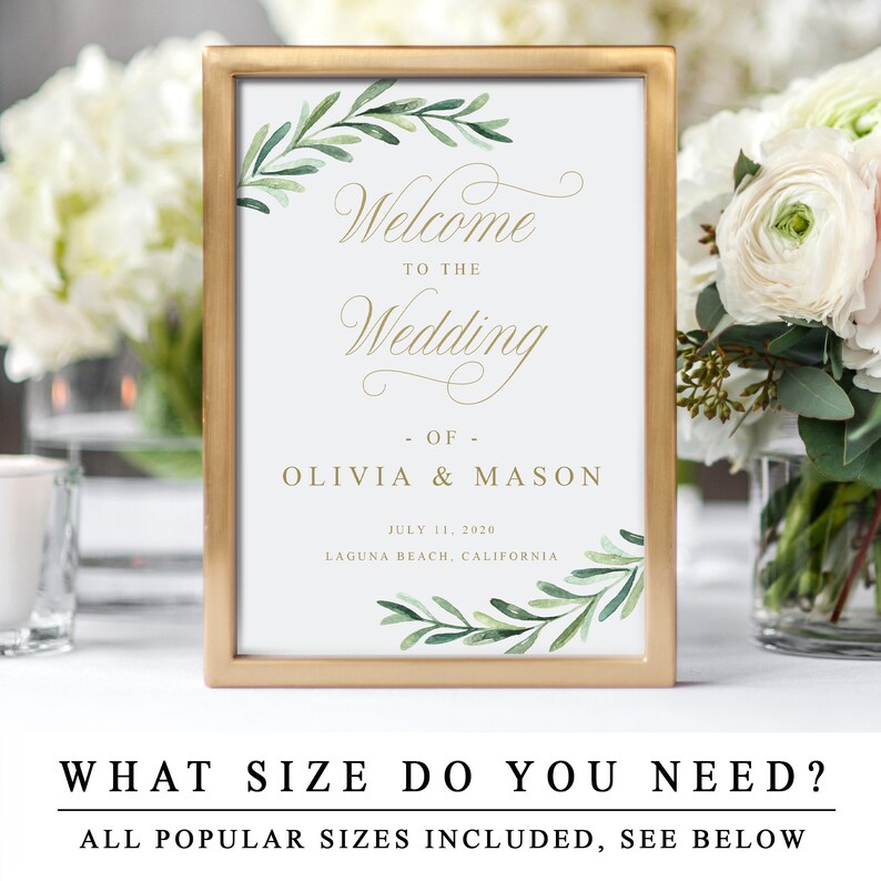 Greenery Welcome To The Wedding Sign, Editable Welcome To The Wedding Template With Gold Calligraphy, Wedding Ceremony Sign INSTANT DOWNLOAD image 6