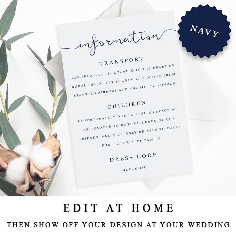 Wedding Details Card NAVY Wedding Insert Cards Elegant Etsy