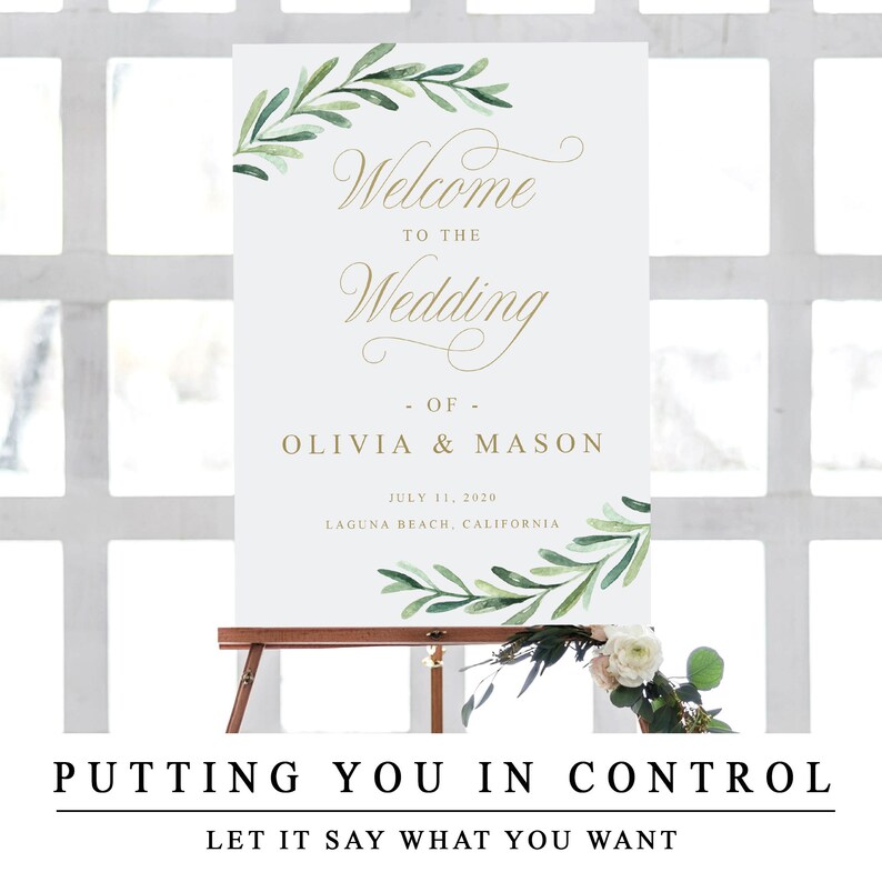 Greenery Welcome To The Wedding Sign, Editable Welcome To The Wedding Template With Gold Calligraphy, Wedding Ceremony Sign INSTANT DOWNLOAD image 7