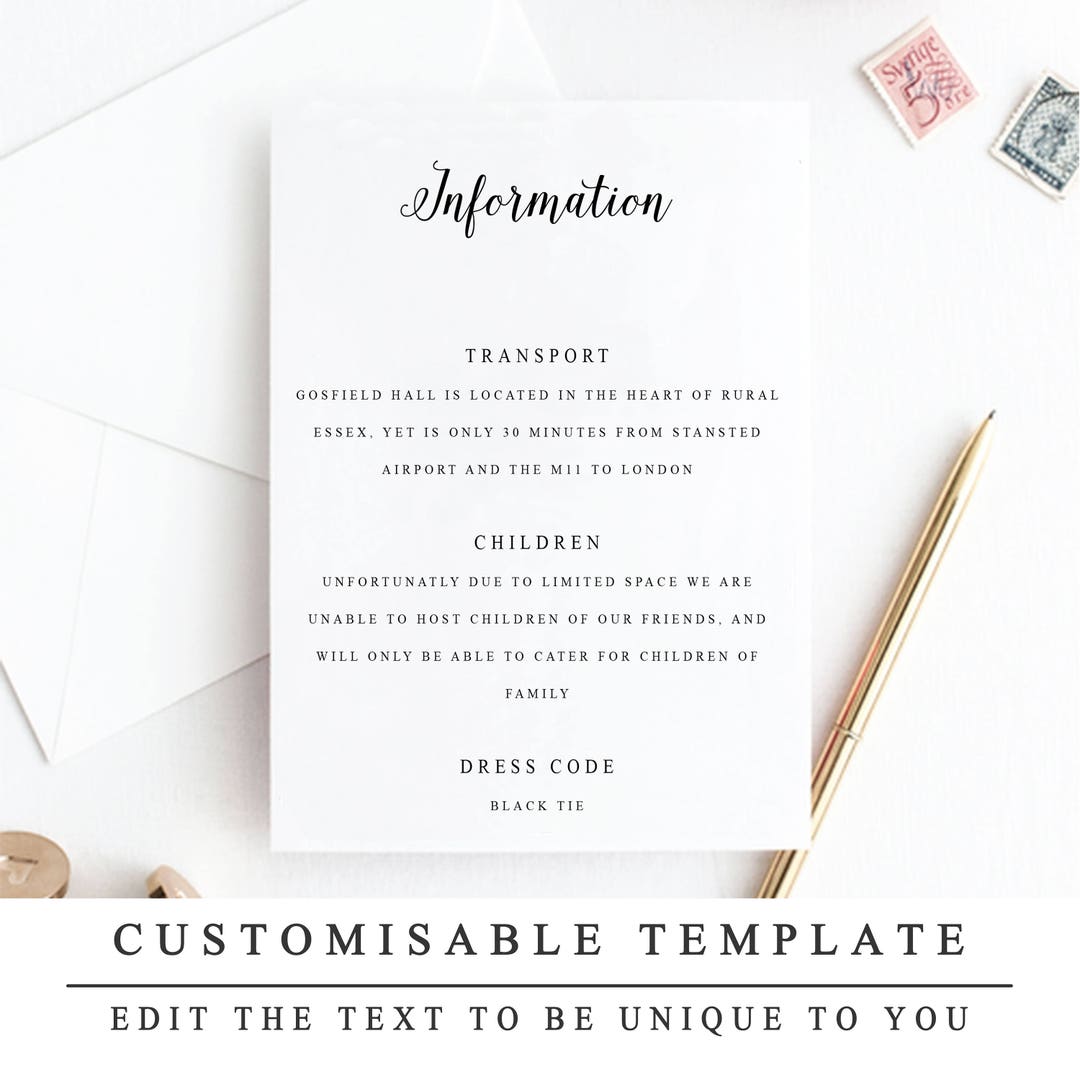 Printable Wedding Details Template, Wedding Insert, Modern Calligraphy