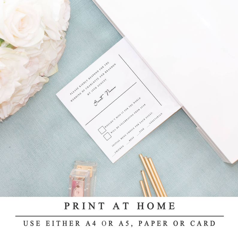 May include: A white RSVP card with black text. The card has a section for the guest's name, a checkbox for attending the wedding, and a checkbox for attending the after party. The card also includes a section for the guest to choose their meal preference: chicken, beef, fish, or vegetarian.