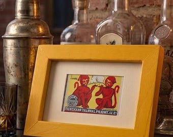 Framed Original Indian Matchbox Label Two Smoking Monkeys Joker lithograph