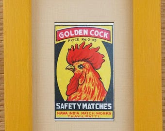 Framed Original Indian Matchbox Label Golden Cock lithograph