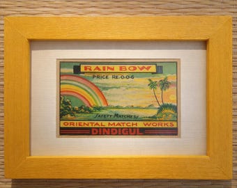 Framed Original Indian Matchbox Rainbow from 1960s Dindigul, handmade wooden frame with joinery