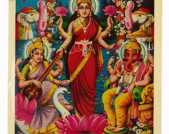 Diwali Pujan Goddess Lakshmi with Lord Ganesha and Goddess Saraswati Vintage Print