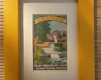 Framed Original Indian Matchbox Godavari Venkatachalapuram from 1960s, handmade wooden frame with joinery