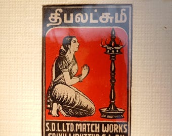Framed Original Indian Matchbox from 1960s, handmade wooden frame with joinery