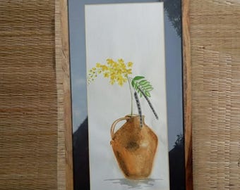 Minimal Flower Arrangement Yellow Cassia Fistula Beaten Brass Vase handmade watercolor painting