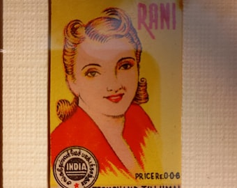 Framed Original Indian Matchbox Rani from 1960s, handmade wooden frame with joinery
