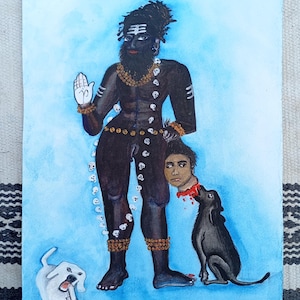 May include: A watercolor painting depicting a dark-skinned figure with a black beard and a third eye, wearing a necklace of skulls and holding a severed head in their hand. Two dogs, one white and one black, are also depicted in the painting.