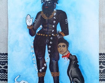 Kalabhairav with black and white dogs Handmade Painting