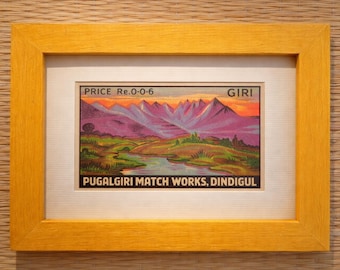 Framed Original Indian Matchbox label Giri Mountain from 1960s Dindigul, handmade wooden frame with joinery