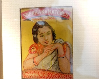 Framed Original Indian Matchbox traditional Indian beauty 1960s, handmade wooden frame with joinery
