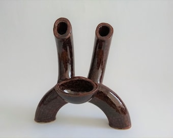 Ceramic abstract human sculpture, handmade, artsy, unique, black dark brown w/red brown accent. Modern Art deco. One-of-a-kind gift.