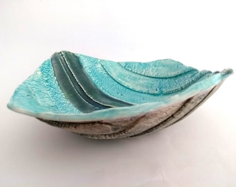 Sky blue ceramic bowl, handmade, built with textured clay strips, unique artsy, modern, home deco, serving bowl, housewarming wedding gift