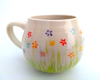 Ceramic belly mug, handmade, nature, flowers and leaves, red orange yellow blue pink purple green, coffee mug, hot chocolate, afternoon tea