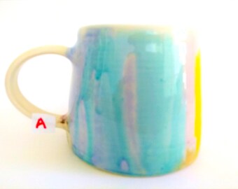 Ceramic mug / Pair, watercolor effect, modern unique artsy, colorful blue purple brown yellow orange chartreuse, coffee tea mug, unique gift