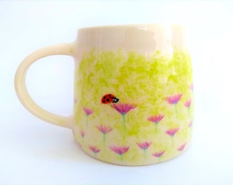 Ceramic mug, handmade hand-painted, nature  summer, ladybug, butterfly, flowers, grass, orange purple green red blue, coffee mug, artsy gift