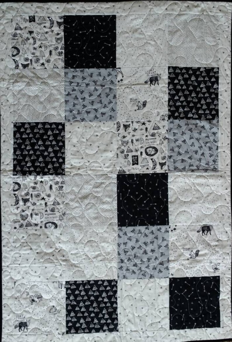 Adventure Awaits Crib Quilt Black, Gray, White, Baby Quilt, Toddler Quilt, Nursery Bedding