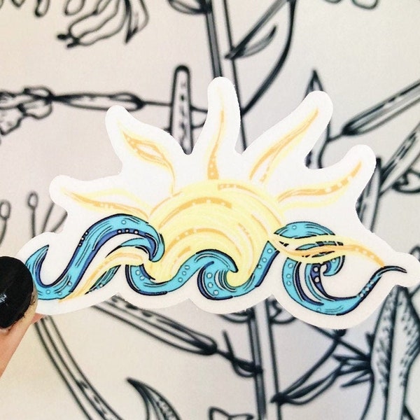 Wave and Sun Vinyl Sticker- Laptop Stickers-Party Favors-Waterproof Vinyl- Gifts for her- Macbook decal-Water bottle sticker-