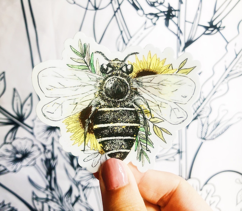 Vinyl Sticker-Bee with Florals and Sunflowers-Cute Stickers-Vinyl Decals-Waterproof Stickers-Minimalistic-Laptop Stickers-